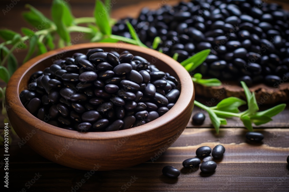 Organic black beans freshly picked and displayed on a rustic wooden surface, a testament to sustainable farming and nutritious eating Organic black beans freshly picked and displayed on a rustic wooden surface, a testament to sustainable farming and nutritious eating