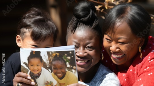 Adopted children of different nationalities give their mother a special Mother's Day album filled with memories. Same-sex lesbian parents. photo