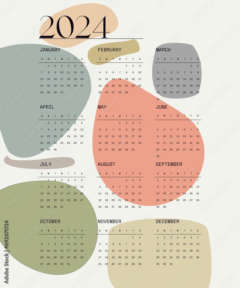 calendar for 2024 with background boho colors