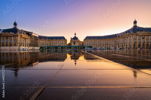 Scenic view of Place de la Bourse at sunset in Bordeaux, France. High quality photography. photo