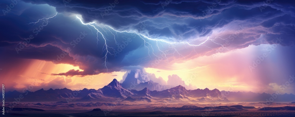 Landscape storm view on lightning bolts, bad weather, climate change, panorama. Generative ai. Landscape storm view on lightning bolts, bad weather, climate change, panorama. Generative ai.