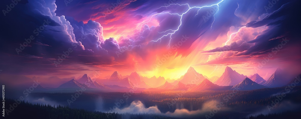 Landscape storm view on lightning bolts, bad weather, climate change, panorama. Generative ai.
