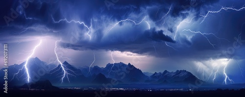 Landscape storm view on lightning bolts, bad weather, climate change, panorama. Generative ai.