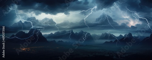 Landscape storm view on lightning bolts, bad weather, climate change, panorama. Generative ai. photo