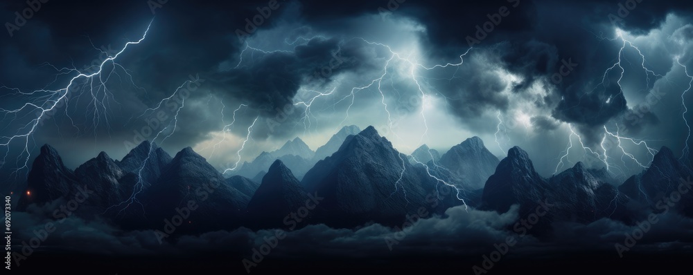 Landscape storm view on lightning bolts, bad weather, climate change, panorama. Generative ai. - obrazy, fototapety, plakaty 