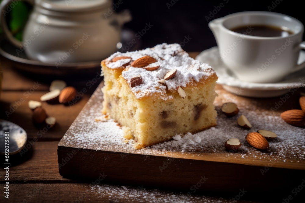 A scrumptious Blondie bar dessert served with a comforting cup of hot coffee on a vintage wooden setting