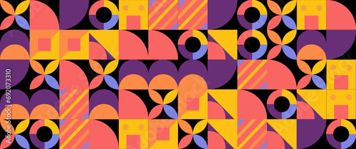 Colorful colourful modern minimalist mid century neo geometric mosaic bauhaus style memphis seamless pattern abstract vector illustration. Vector flat mosaic horizontal banners template