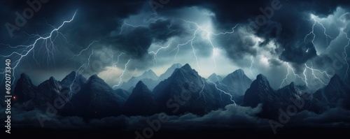 Landscape storm view on lightning bolts, bad weather, climate change, panorama. Generative ai.
