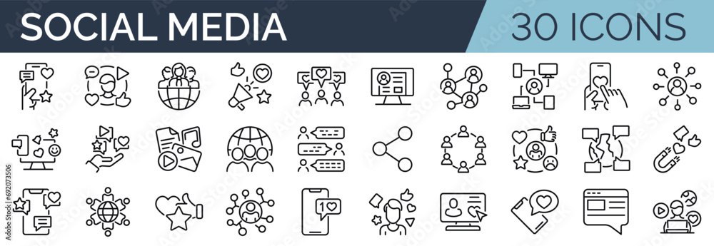 Set of 30 outline icons related to social media, social networks. Linear icon collection. Editable stroke. Vector illustration - obrazy, fototapety, plakaty 
