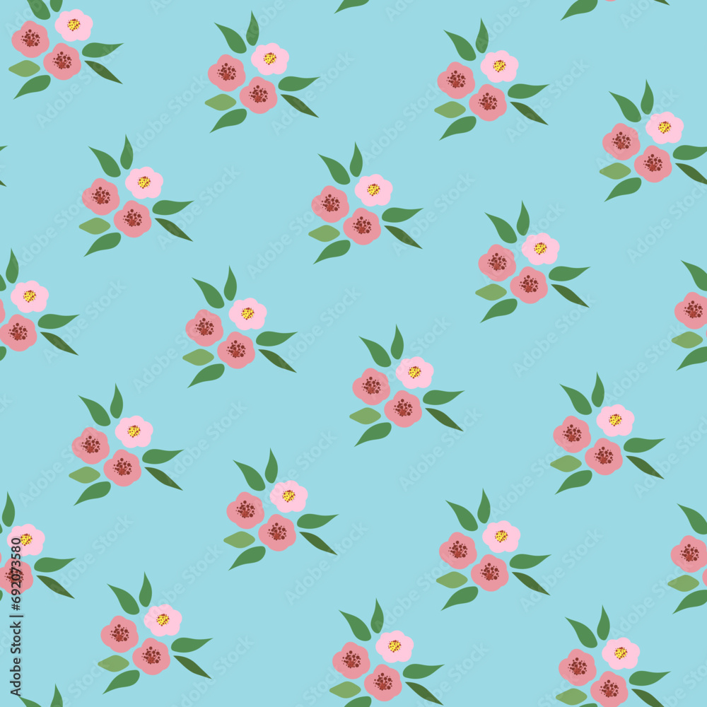 Fashionable pattern with small flowers on a blue background. Seamless botanical print with various floral elements. Fashionable pattern with small flowers on a blue background. Seamless botanical print with various floral elements.