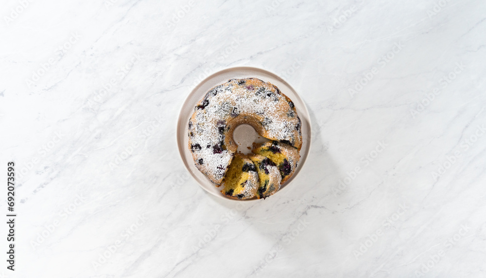 Lemon blueberry bundt cake with powdered sugar dusting Lemon blueberry bundt cake with powdered sugar dusting