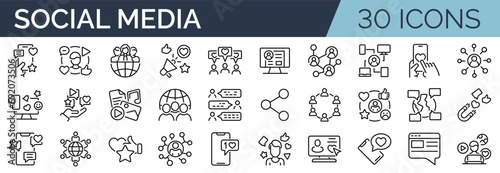 Set of 30 outline icons related to social media, social networks. Linear icon collection. Editable stroke. Vector illustration
