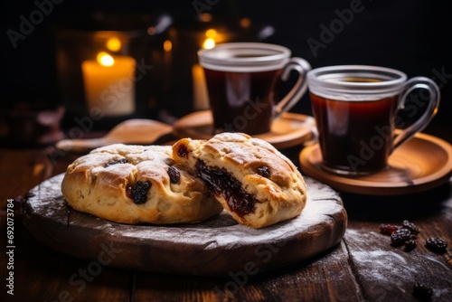 Delicious homemade Eccles cake served with a comforting cup of tea on a vintage setting photo