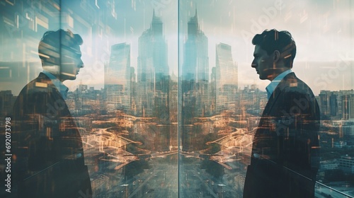 The ghostlike forms of business executives overlaying the panoramic view of Moscow, in a visually compelling double exposure. photo