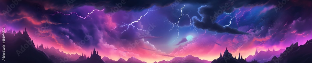 Landscape storm view on lightning bolts, bad weather, climate change, panorama. Generative ai.