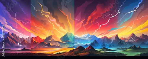 Landscape storm view on lightning bolts, bad weather, climate change, panorama. Generative ai.