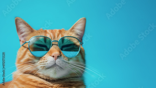 Portrait of a cute ginger cat in sunglasses on a blue background. Summer holiday concept, sale of sunglasses. Template for an advertising banner.