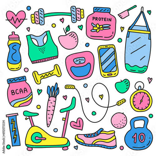 Set of doodle gym and fitness icons.