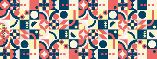 Colorful colourful modern minimalist mid century neo geometric mosaic bauhaus style memphis seamless pattern abstract vector illustration. Vector flat mosaic horizontal banners template