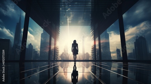 The silhouette of an elegant Asian businesswoman seamlessly blended with the towering structure of a contemporary skyscraper, depicting urban success.