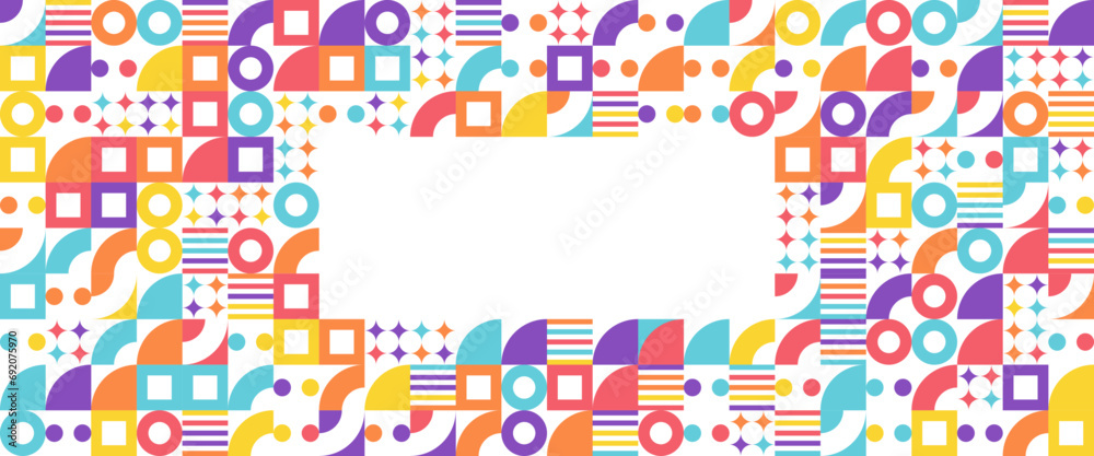 Colorful colourful geometric mosaic seamless pattern illustration with creative abstract shapes. Vector flat mosaic horizontal banners template