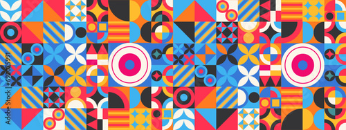 Geometric minimal pattern mosaic. Simple colorful circle shapes  modern bauhaus banner vector design. Vector flat mosaic horizontal banners template