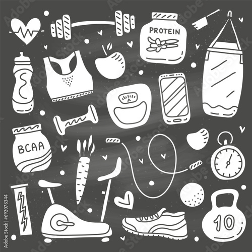Set of doodle gym and fitness icons.
