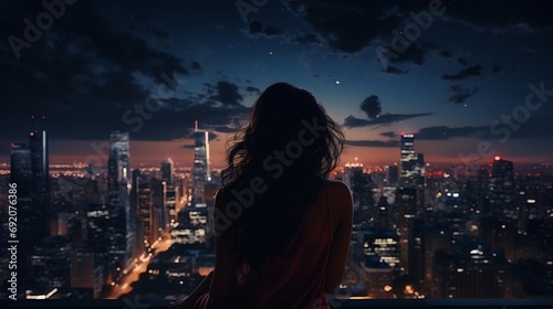 The silhouette of a woman thoughtfully integrated with the high-rise buildings and glowing lights of a modern city skyline  reflecting urban harmony.