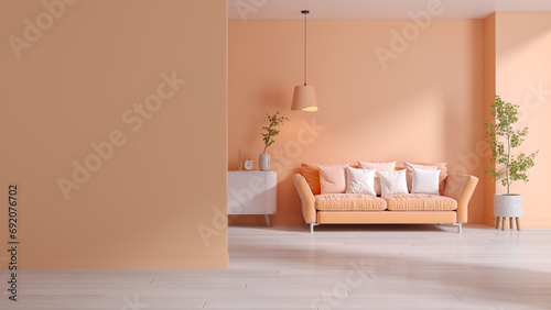 Peach fuzz trend color of the year 2024  ,minimal interior  livingroom. peach soofa with peach color paint wall. . Mockup background. 3d render