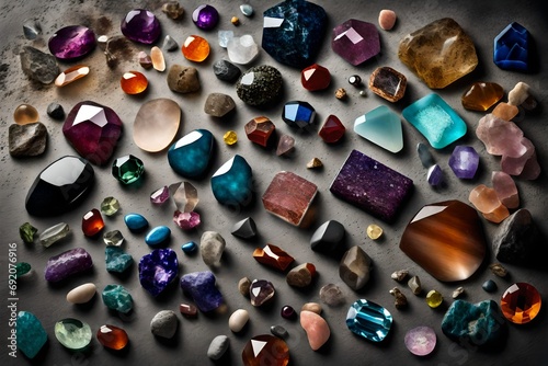 An artistic composition featuring a collection of assorted gemstones arranged on a concrete surface, highlighting the unique colors and textures of each precious stone.