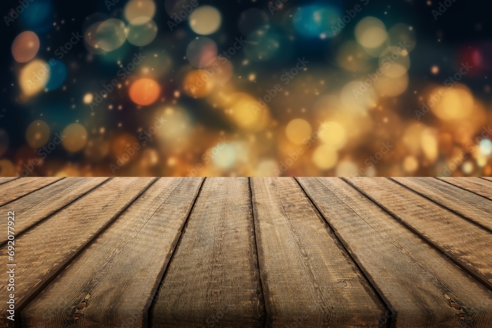 Empty wooden desk and blurred bokeh background Empty wooden desk and blurred bokeh background