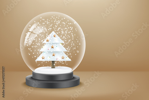 Glass snowball with snow and christmas tree. 3d vector banner with copy space