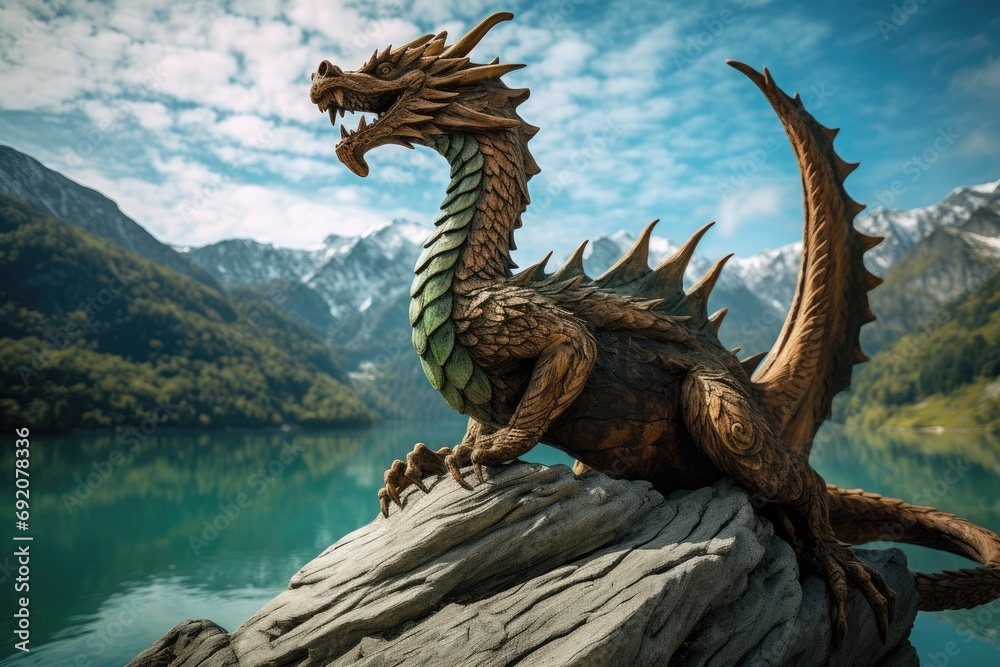 Fototapeta premium wooden dragon perched high on an alpine rock, overlooking a serene mountain lake with surrounding peaks, a mythical sentinel in a landscape of tranquil beauty