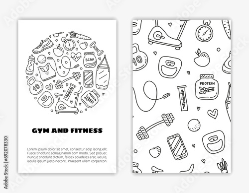 Card templates with gym and fitness icons.