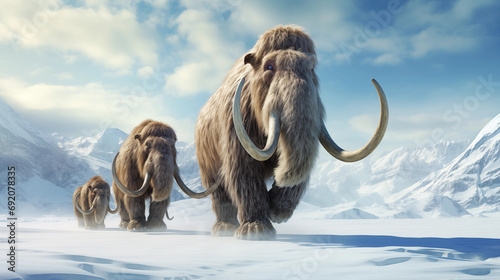 A Woolly Mammoth family migrating through a snowy Ice Age landscape, Evolution, Paleontology, blurred background, with copy space photo