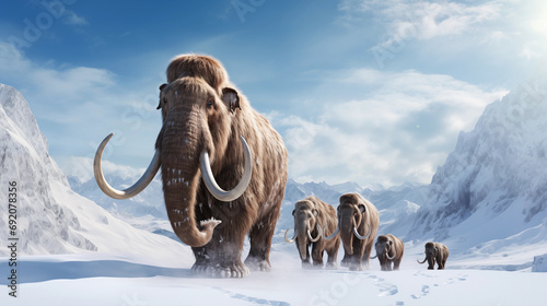 A Woolly Mammoth family migrating through a snowy Ice Age landscape, Evolution, Paleontology, blurred background, with copy space photo
