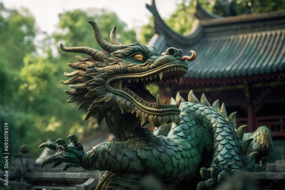 Perched at a sacred temple, this intricate green dragon sculpture stands as a vigilant guardian
