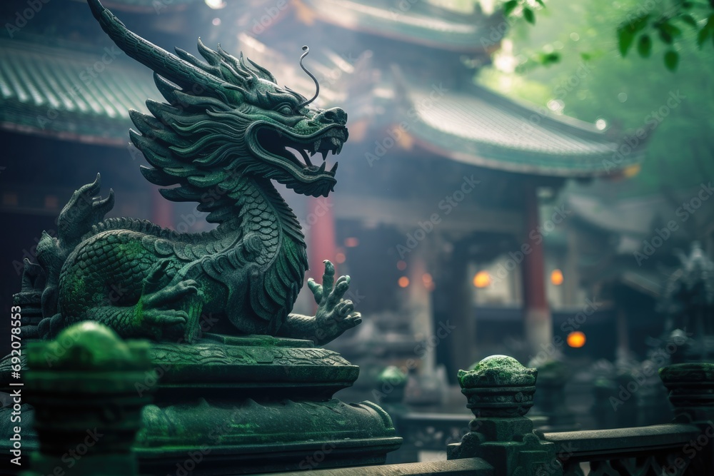 Obraz na płótnie This majestic green dragon sculpture stands as a symbolic guardian for the Chinese New Year, embodying wisdom and prosperity within the tranquil precincts of an ancient temple w salonie
