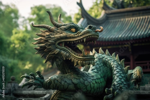 Perched at a sacred temple, this intricate green dragon sculpture stands as a vigilant guardian © gankevstock
