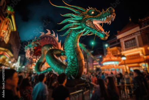 towering green dragon winds through a crowd celebrating the Chinese New Year, under illuminated lanterns