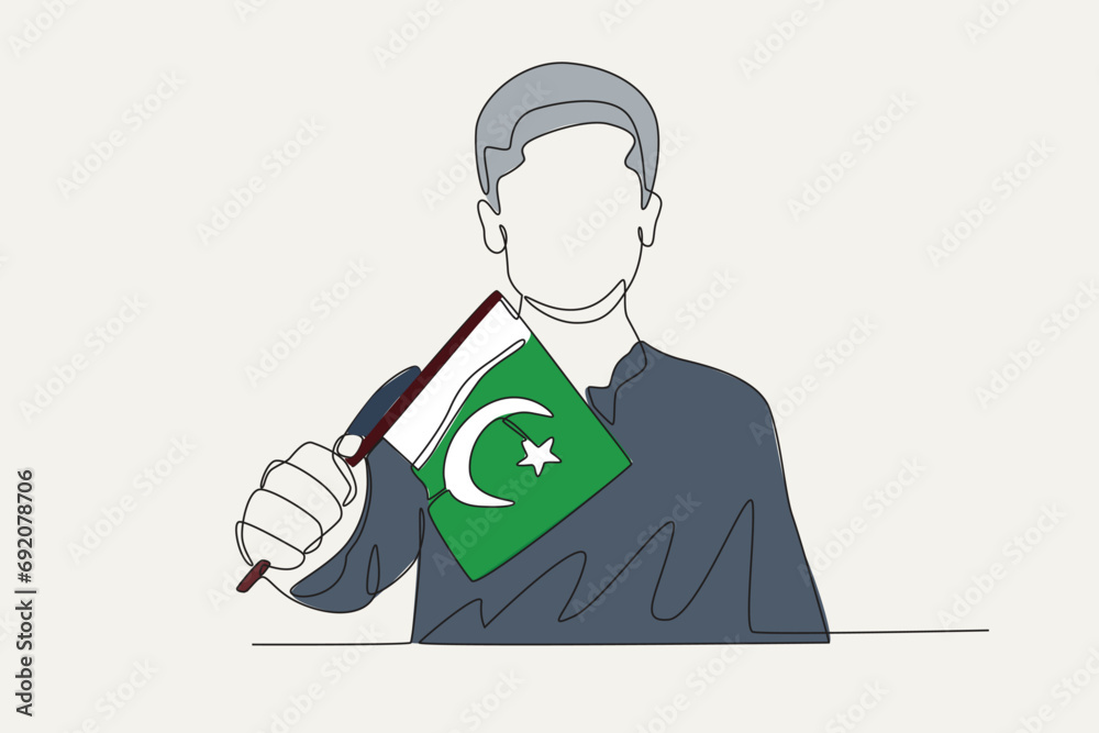 Color illustration of a man showing the flag of Pakistan. Pakistan Day one-line drawing