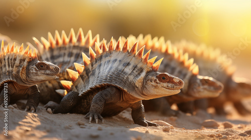 A group of Dimetrodon basking in the sun during the Permian period  Evolution  Paleontology  blurred background  with copy space