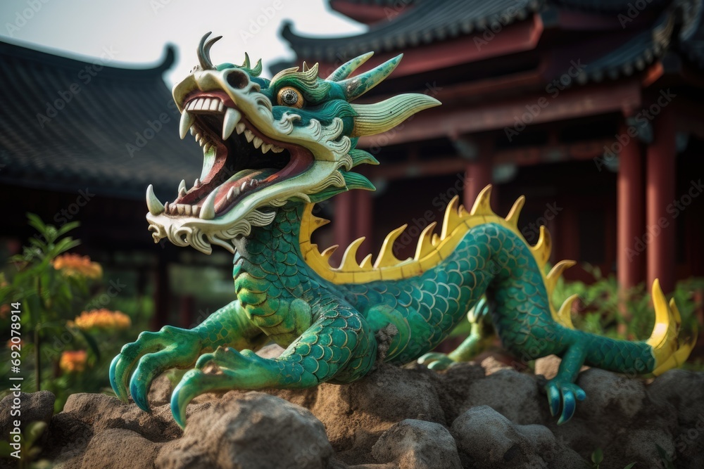 intricately carved green wooden dragon at a temple