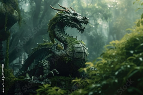 majestic green dragon amidst a misty forest, symbolizing the Chinese New Year 2024