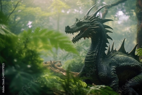 majestic green dragon amidst a misty forest, symbolizing the Chinese New Year 2024 © gankevstock