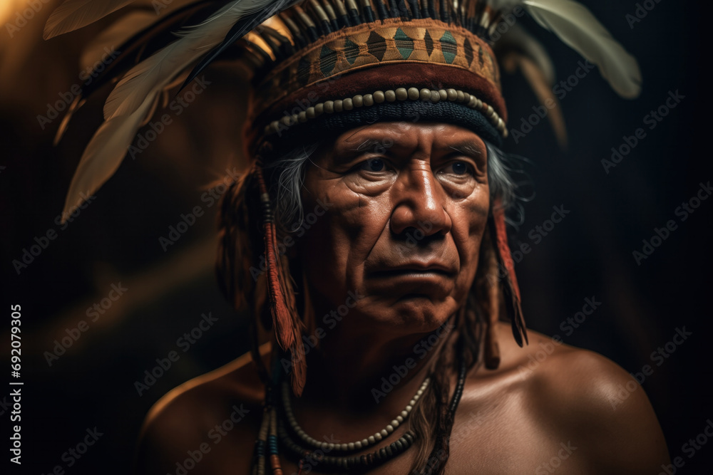 Generative AI image of a dignified amazon tribal elder in headdress Generative AI image of a dignified amazon tribal elder in headdress