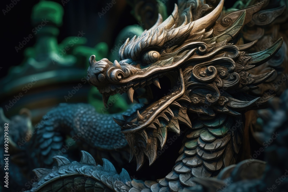 closeup of a green wooden dragon sculpture, embodying the spirit of the New Year