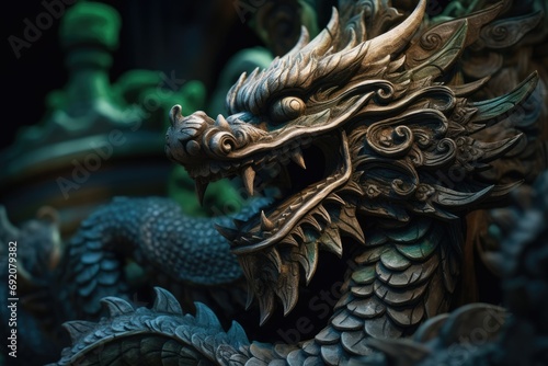 closeup of a green wooden dragon sculpture, embodying the spirit of the New Year © gankevstock