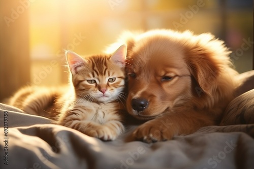 Adorable cute puppy and kitten sitting together, best friends concept