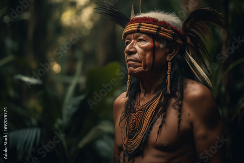 Generative AI image of a Amazon elder in traditional attire photo